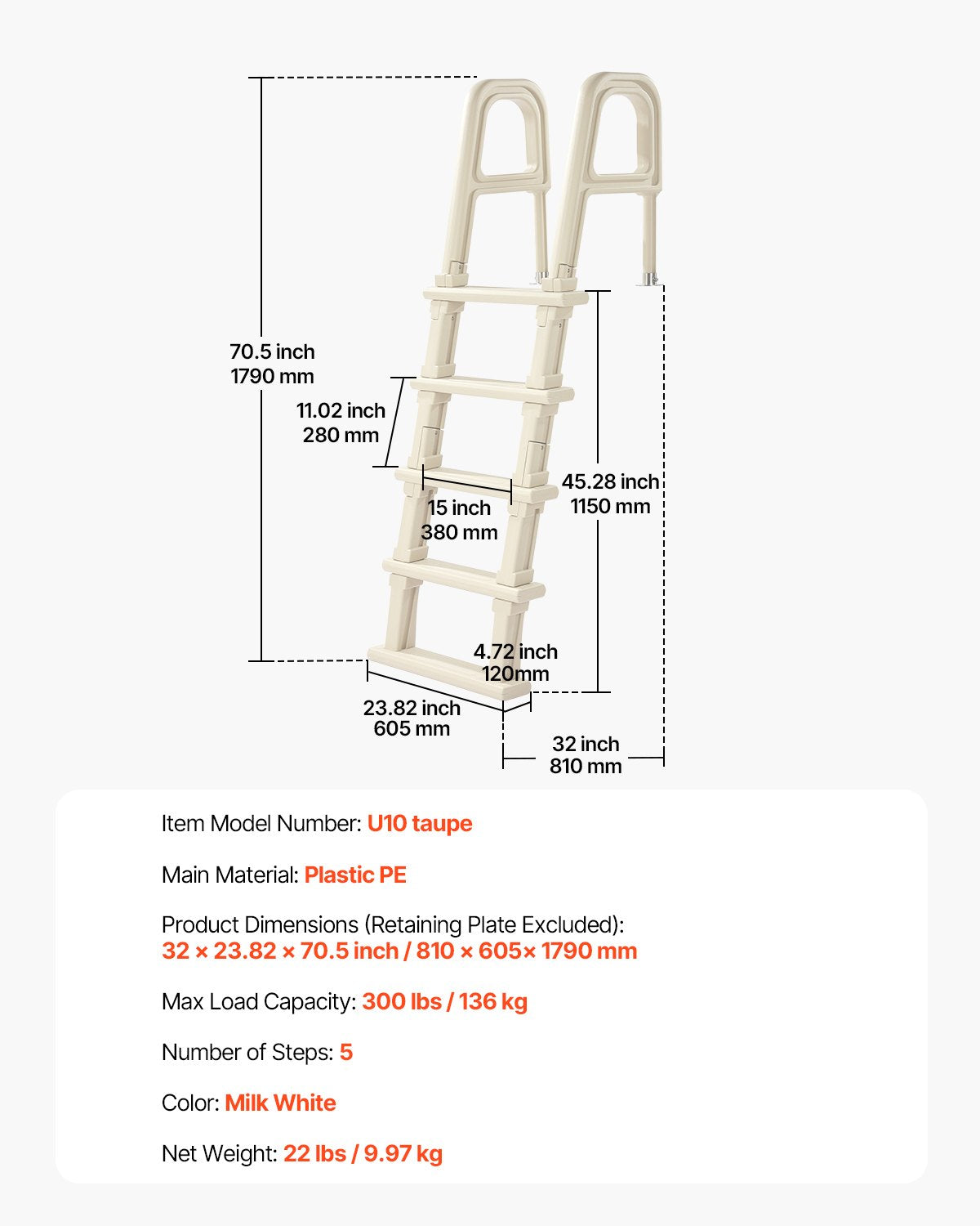 5-Step Inclined Robust Pool Ladder of 2 Handrails for 1219.2-1371.6mm Pool