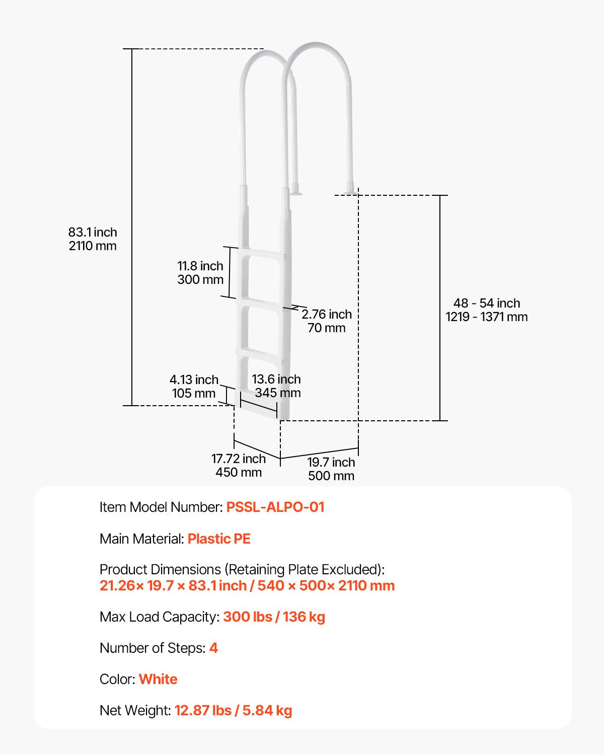 Thickened 4-Step Pool Ladder of Double Handrails for 1219.2-1371.6mm Pool
