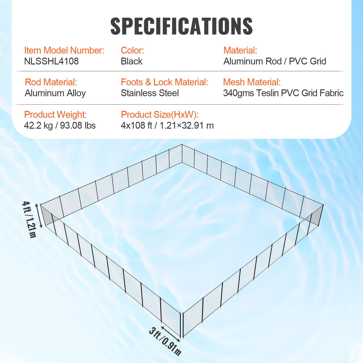 VEVOR Pool Fence 4 x 108 FT Removable Pool Fences for Inground Pools Outdoor