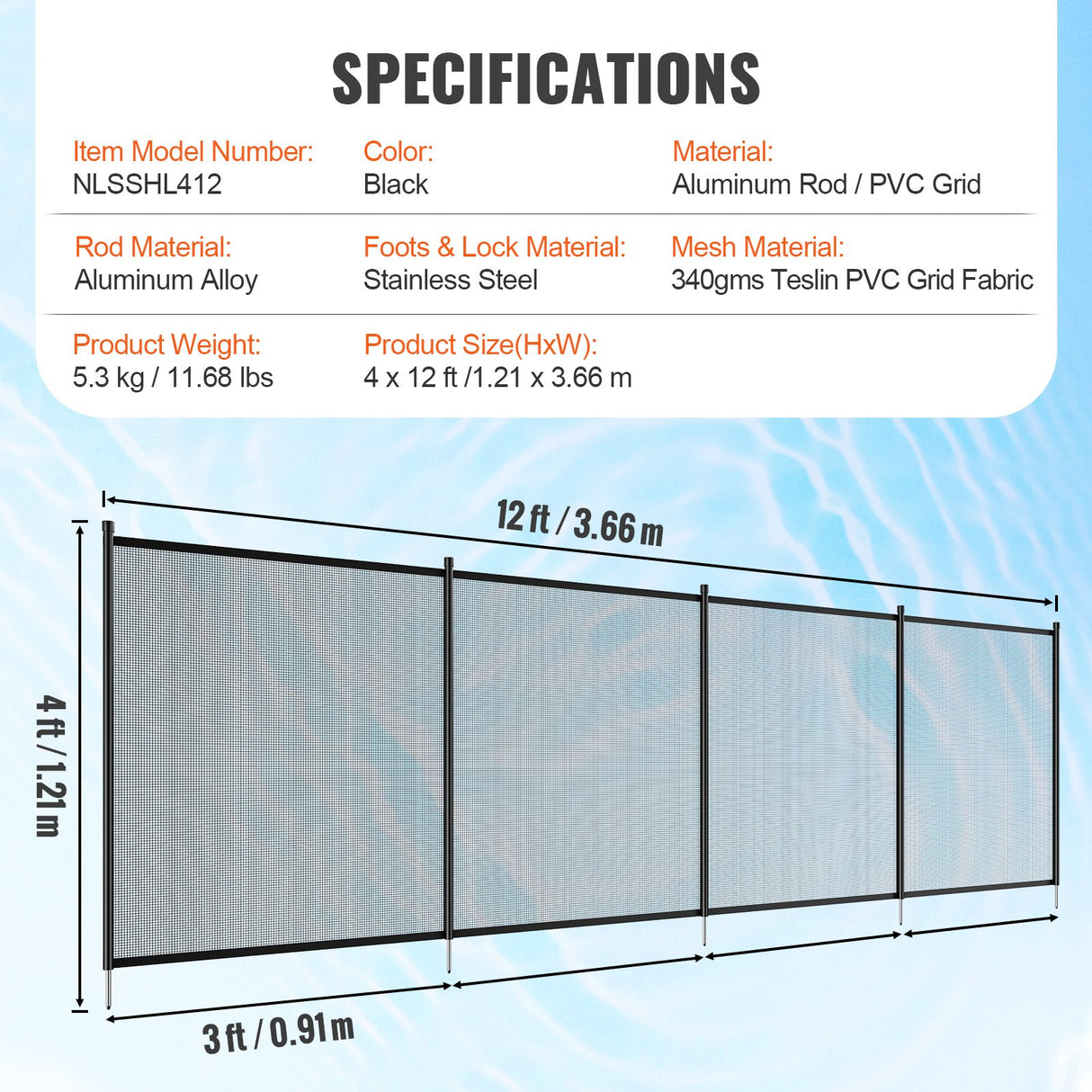 VEVOR Pool Fence, 4 x 12 FT Pool Fences for Inground Pools, Removable Child Safety Pool Fencing, Easy DIY Installation Swimming Pool Fence, 340gms