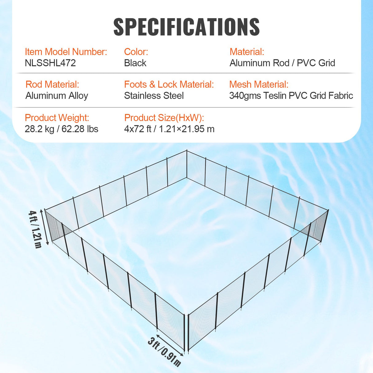 VEVOR Pool Fence, 4 x 72 FT Pool Fences for Inground Pools, Removable Child Safety Pool Fencing, Easy DIY Installation Swimming Pool Fence, 340gms
