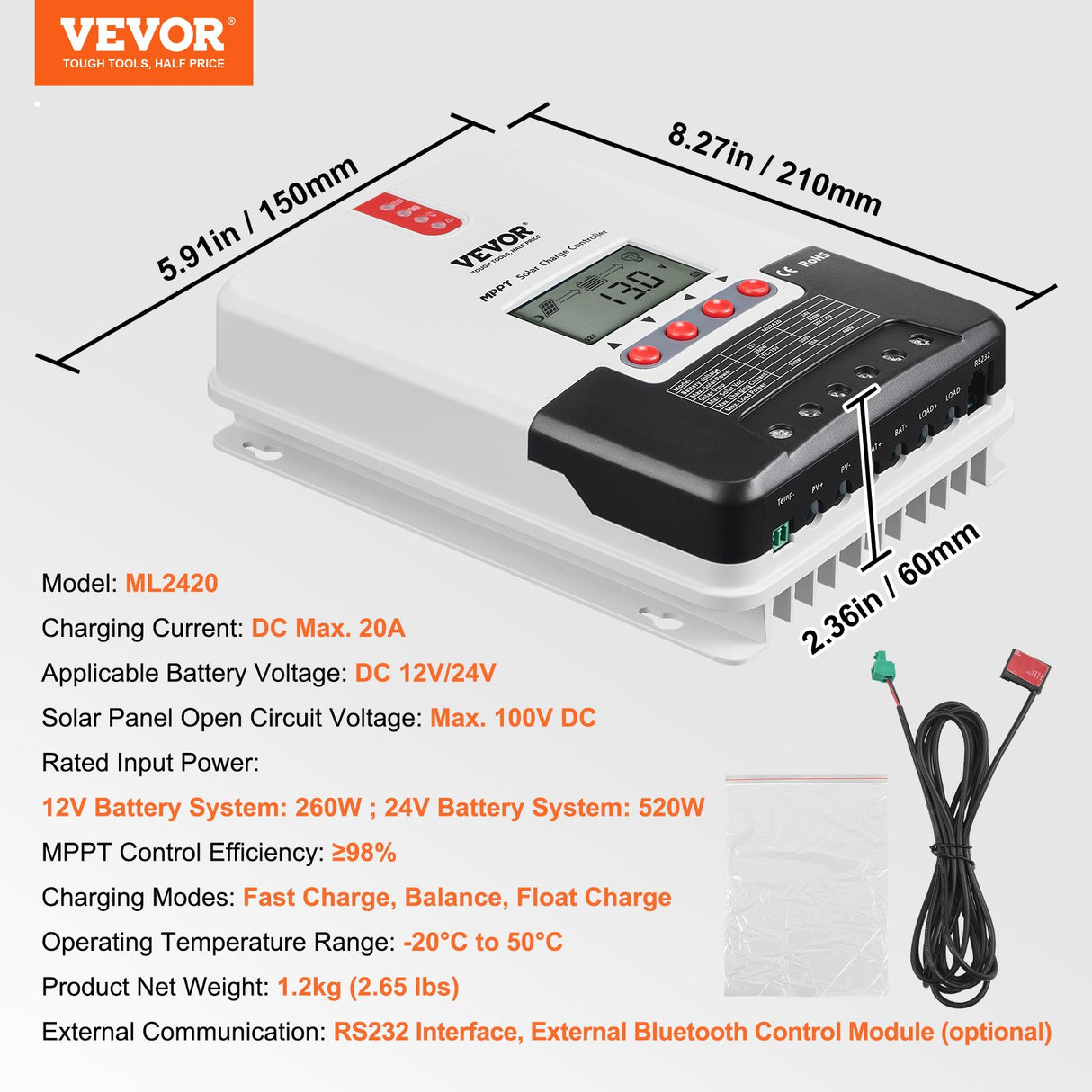 VEVOR 20A MPPT Solar Charge Controller, Auto DC Input, Solar Panel Regulator Charger with LCD Display Temperature Sensor Cable, for Sealed(AGM), Gel,