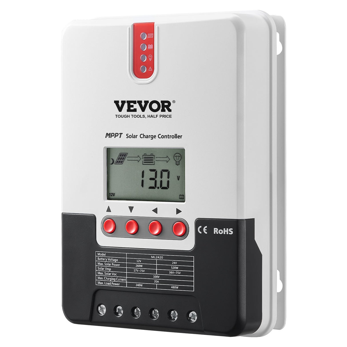 VEVOR 20A MPPT Solar Charge Controller, Auto DC Input, Solar Panel Regulator Charger with LCD Display Temperature Sensor Cable, for Sealed(AGM), Gel,