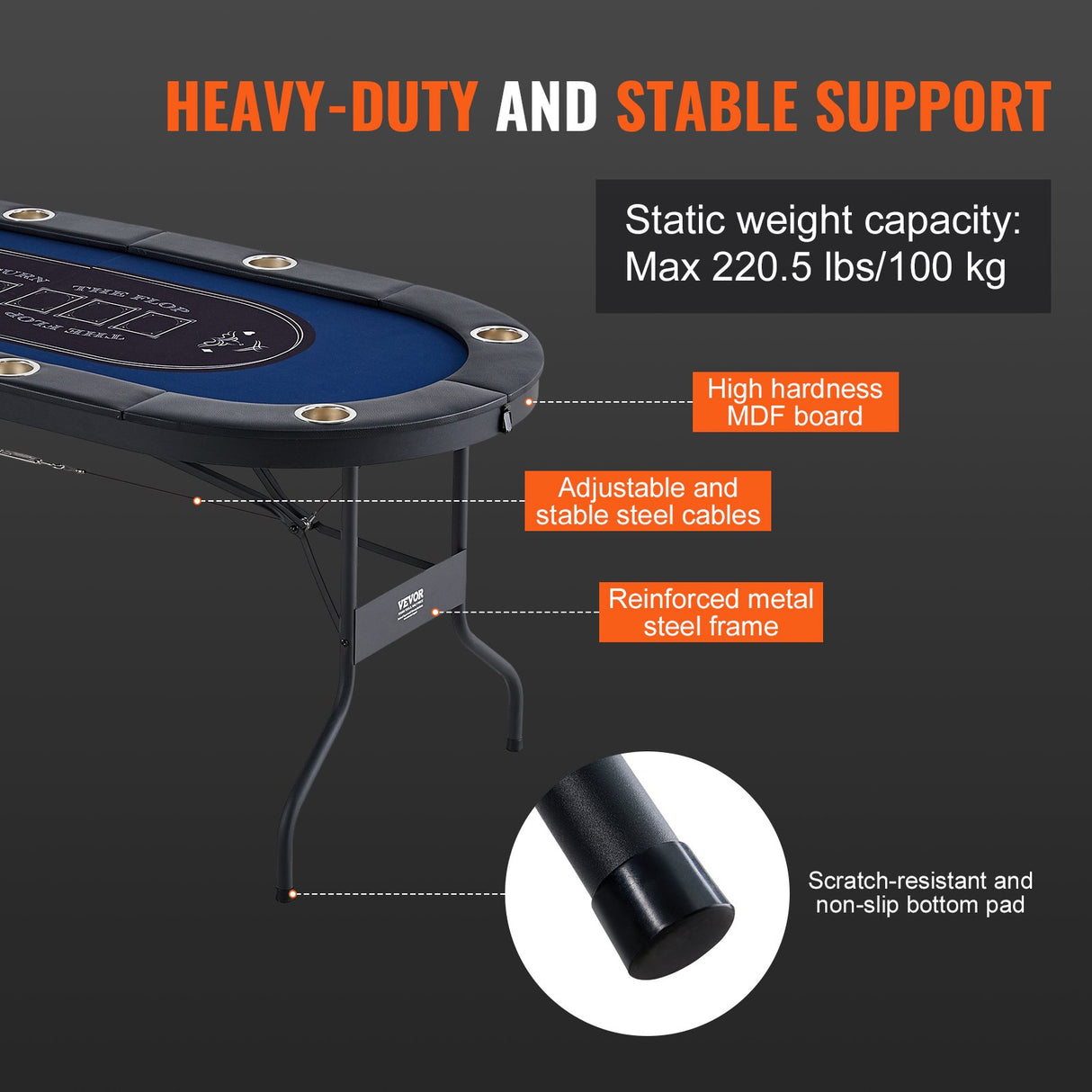 VEVOR 8 Player Foldable Poker Table, Blackjack Texas Holdem Poker Table with Padded Rails and Stainless Steel Cup Holders, Portable Folding Card Board