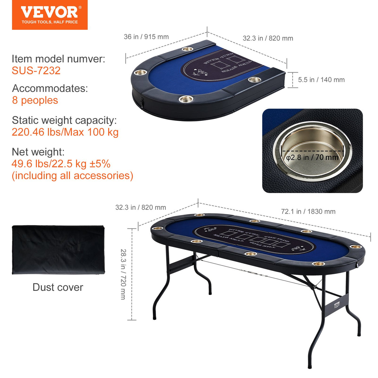 VEVOR 8 Player Foldable Poker Table, Blackjack Texas Holdem Poker Table with Padded Rails and Stainless Steel Cup Holders, Portable Folding Card Board