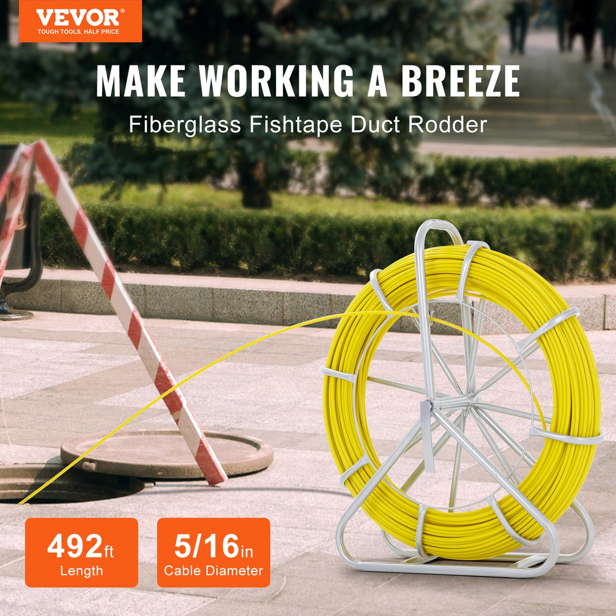 VEVOR Fish Tape Fiberglass, 150 m, 7.9 mm, Duct Rodder Fishtape Wire Puller, Cable Running Rod with Steel Reel Stand, 3 Pulling Heads, Fishing Tools for Walls and Electrical Conduit, Non-Conductive