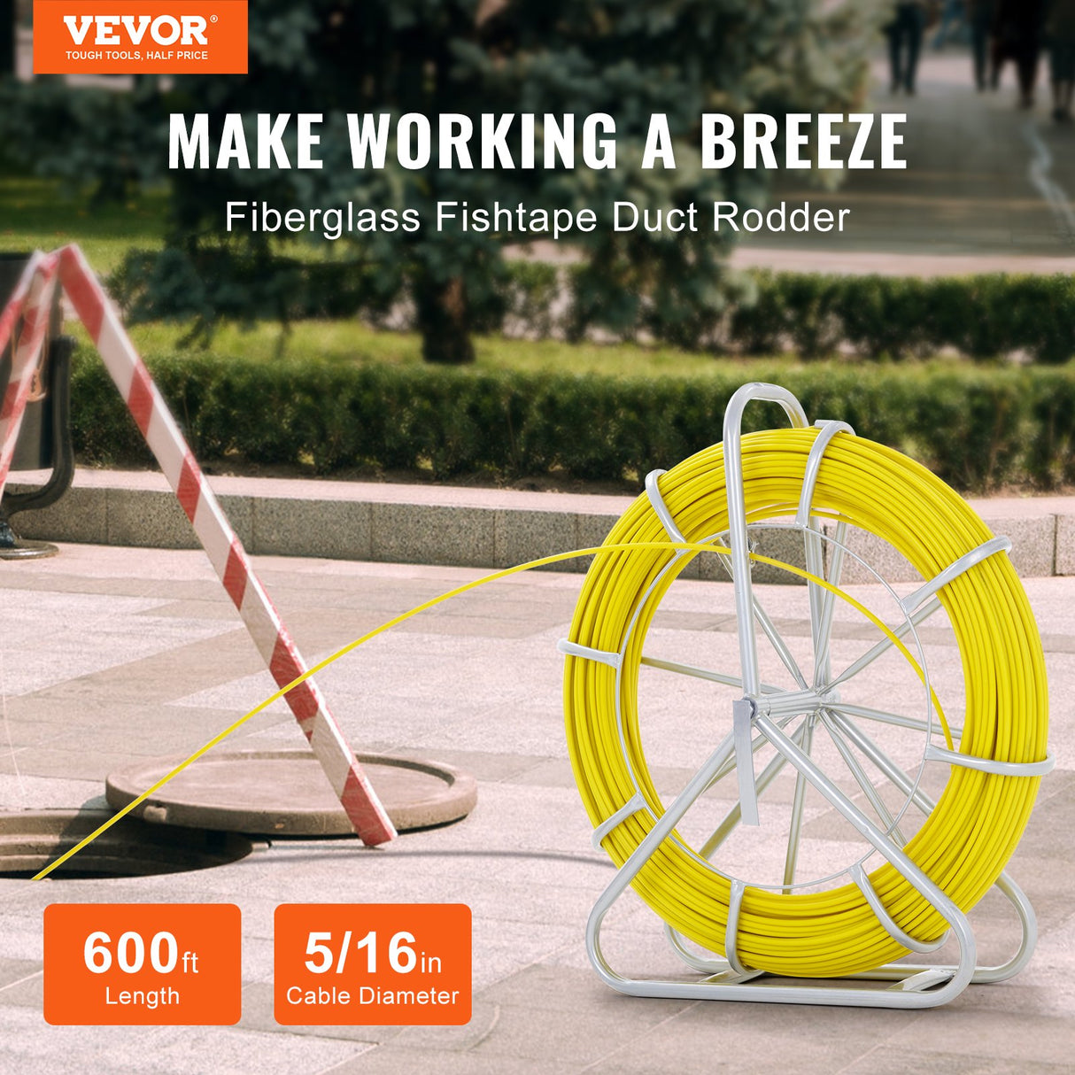 VEVOR Fish Tape Fiberglass, 182.88 m, 7.9 mm, Duct Rodder Fishtape Wire Puller, Cable Running Rod with Steel Reel Stand, 3 Pulling Heads, Fishing Tools for Walls and Electrical Conduit, Non-Conductive