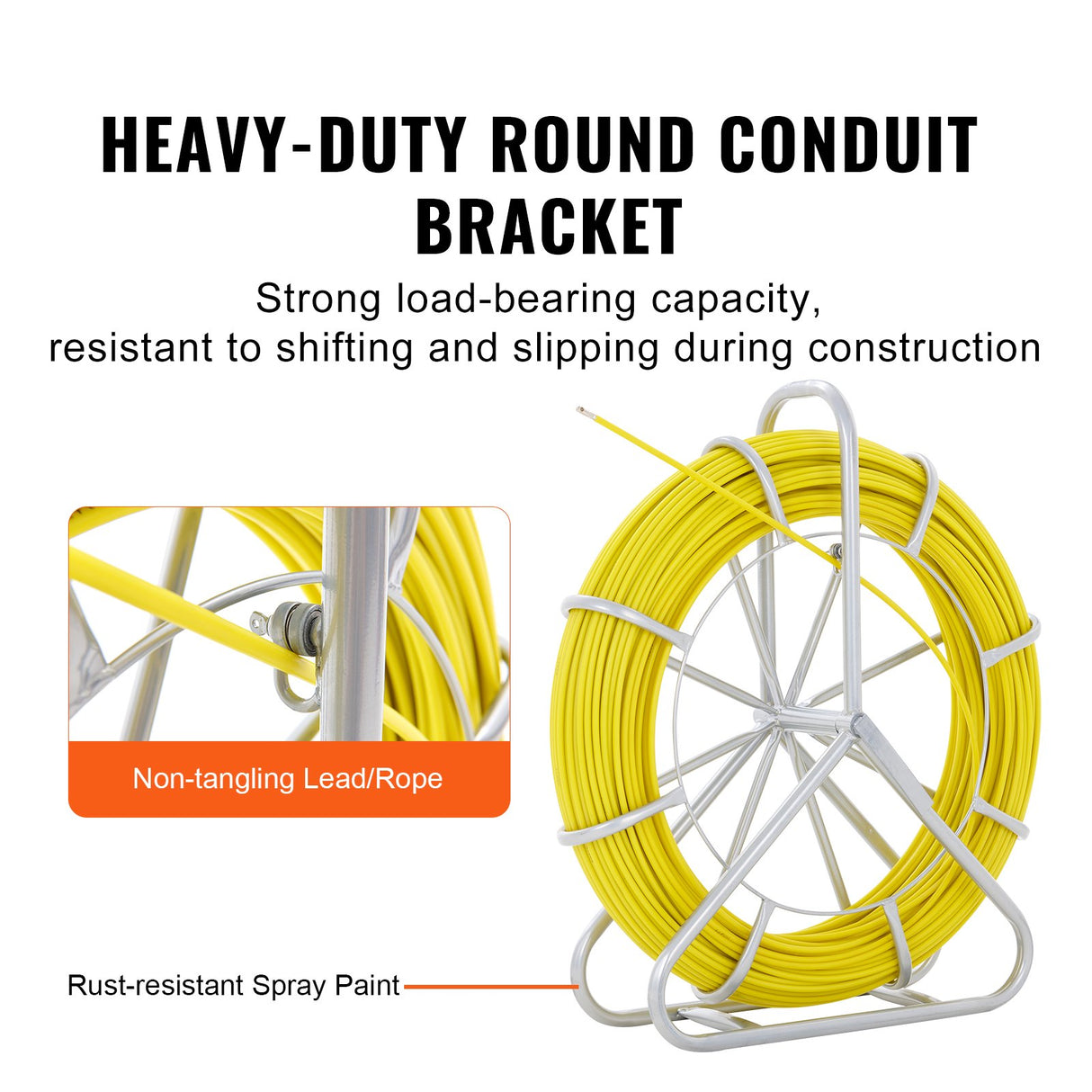 VEVOR Fish Tape Fiberglass, 182.88 m, 7.9 mm, Duct Rodder Fishtape Wire Puller, Cable Running Rod with Steel Reel Stand, 3 Pulling Heads, Fishing Tools for Walls and Electrical Conduit, Non-Conductive