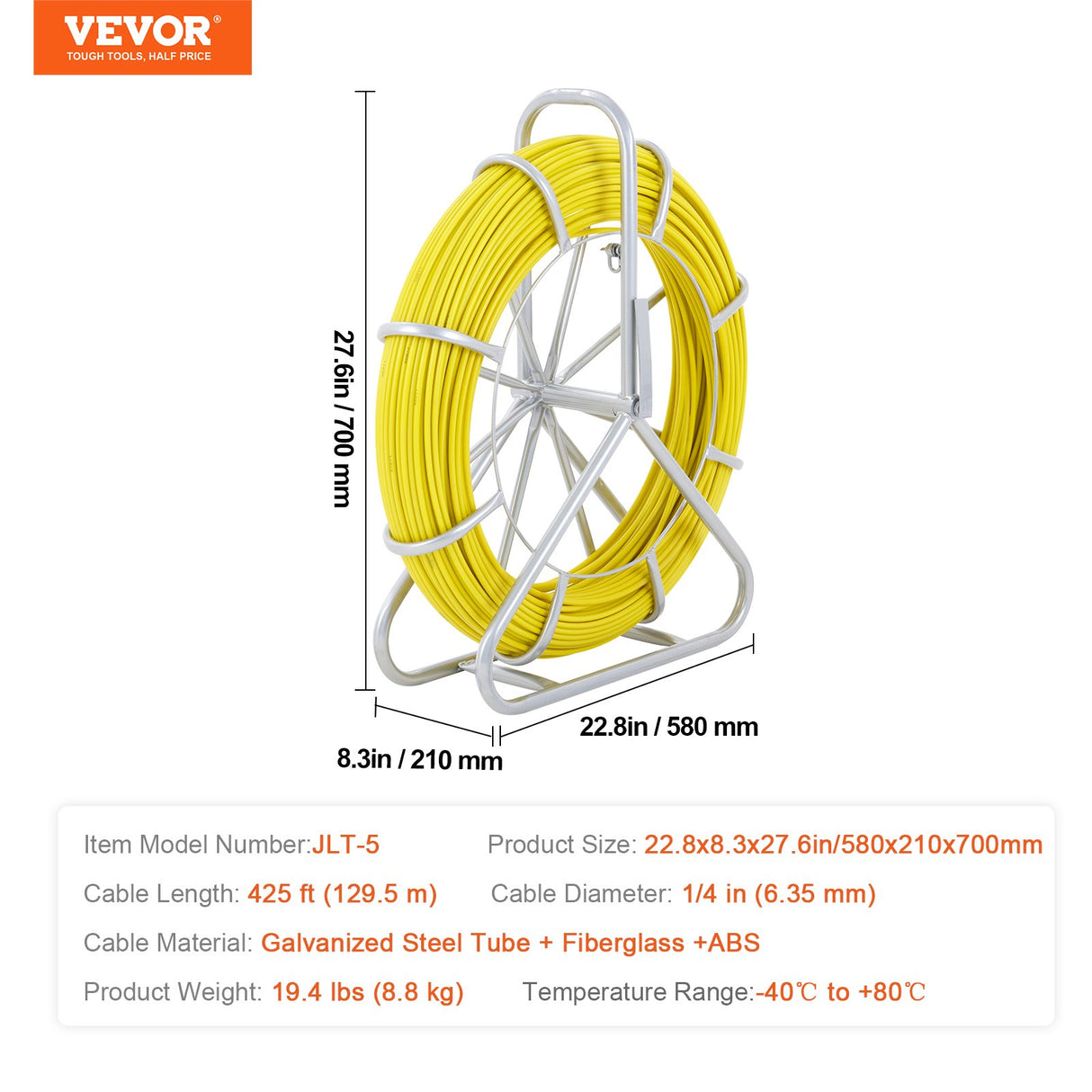 VEVOR Fish Tape Fiberglass, 129.5 m, 6.35 mm, Duct Rodder Fishtape Wire Puller, Cable Running Rod with Steel Reel Stand, 3 Pulling Heads, Fishing Tools for Walls and Electrical Conduit, Non-Conductive