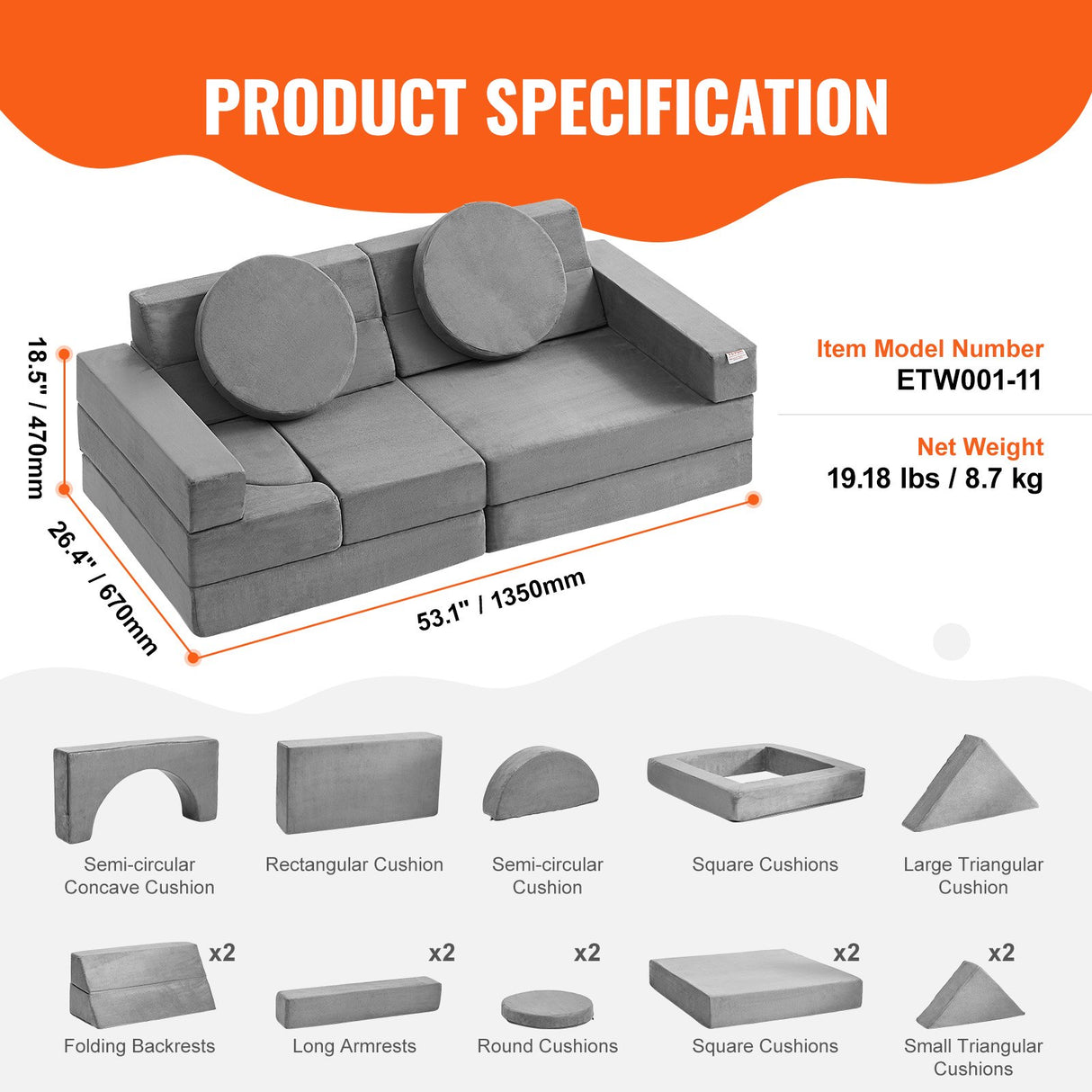 VEVOR Play Couch, 15pcs Modular Kids Nugget Couch, Toddler Foam Sofa Couch with High-density 25D Sponge for Playing, Creativing, Sleeping, Imaginative