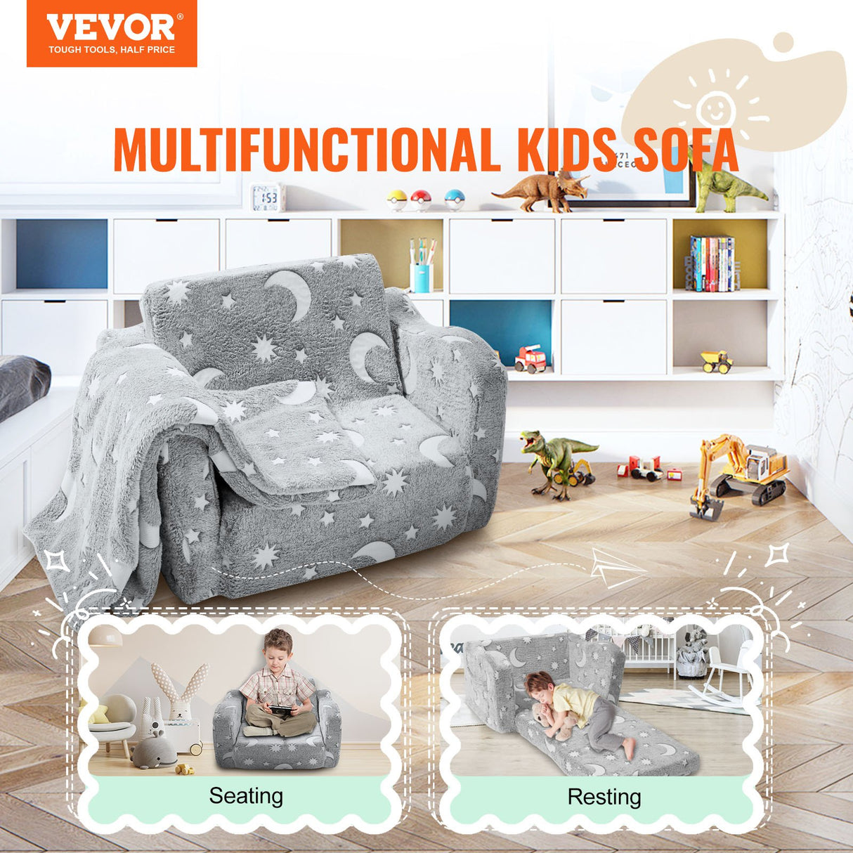 VEVOR Fold-out Kids Sofa, Glow-in-the-Dark Kids Couch Chair, 2-in-1 Children Convertible Sofa to Lounger, Extra Soft Flip-out Toddler Couch for Siting