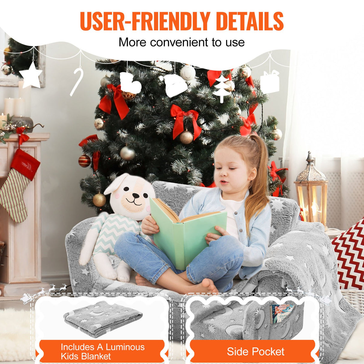 VEVOR Fold-out Kids Sofa, Glow-in-the-Dark Kids Couch Chair, 2-in-1 Children Convertible Sofa to Lounger, Extra Soft Flip-out Toddler Couch for Siting