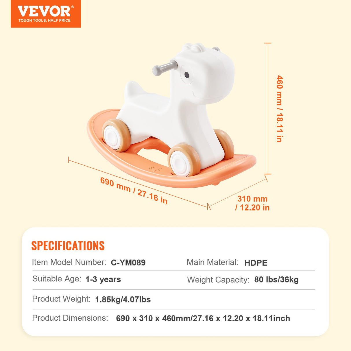 VEVOR 3 in 1 Rocking Horse for Toddlers 1-3 Years, Baby Rocking Horse with Detachable Balance Board and 4 Smooth Wheels, Support up to 80 lbs HDPE Material Kids Ride on Toy, Swinging, Orange