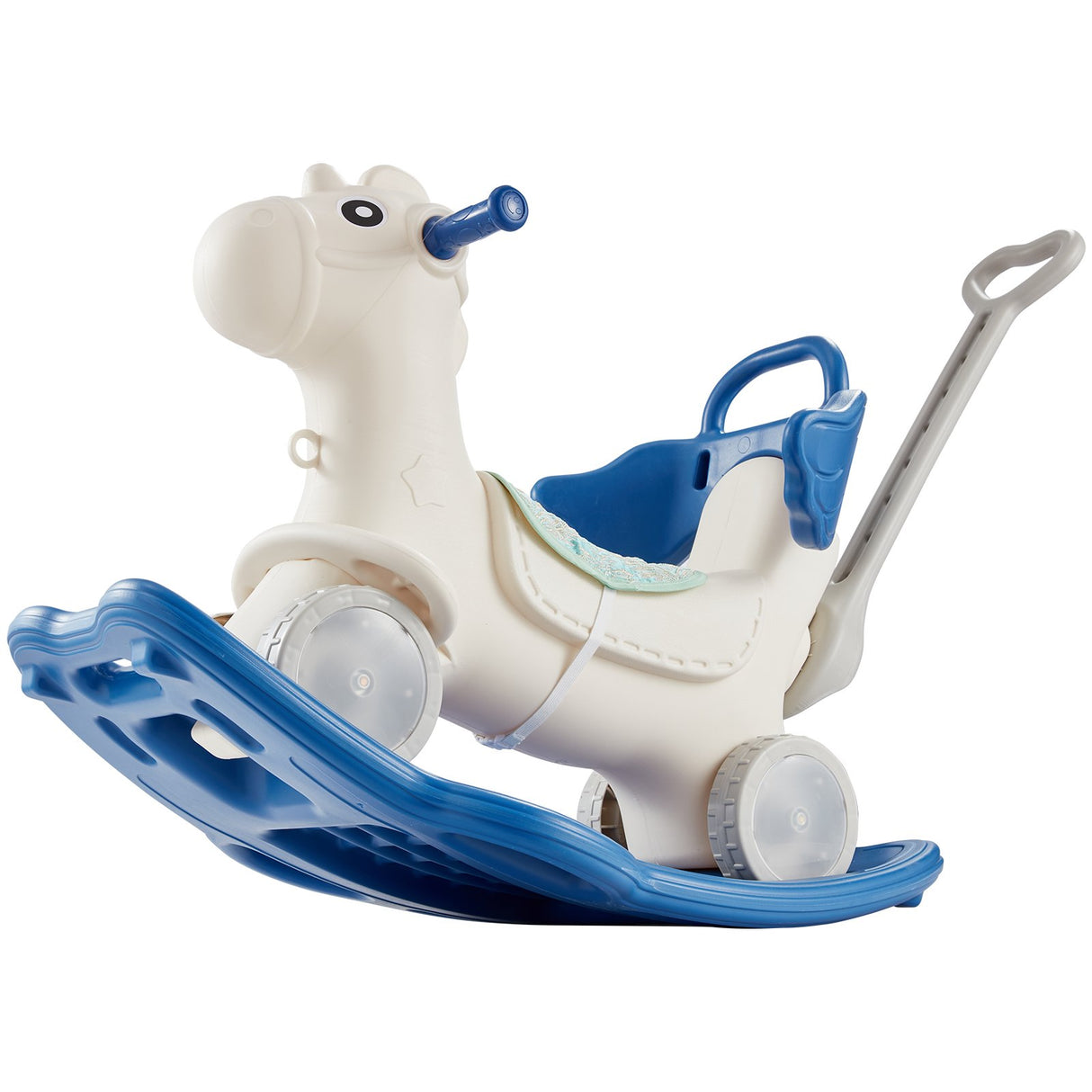 VEVOR 4 in 1 Rocking Horse for Toddlers 1-3 Years, Baby Rocking Horse with Detachable Balance Board, Push Handle and 4 Smooth Wheels, Support up to 80 lbs HDPE Kids Ride on Toy with Sound, Blue