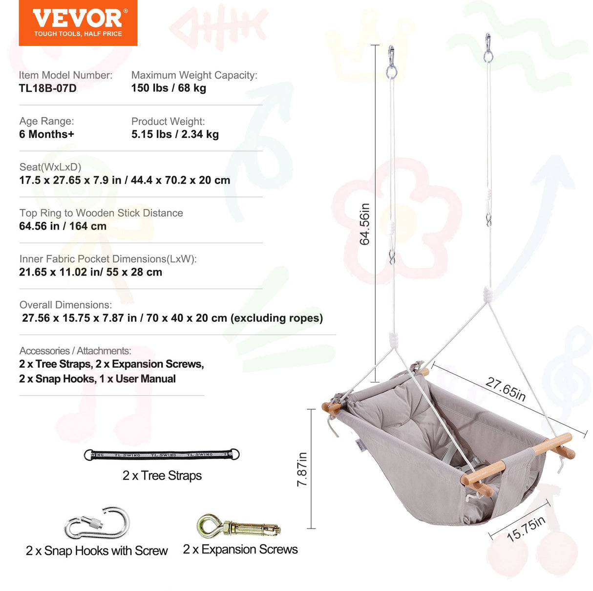 VEVOR Canvas Hammock Swing, 3 Modes Baby Swing Indoor and Outdoor with 5-Point Harness, and Tree Straps, 150lbs Weight Capacity, Integrated Cushion, Wooden Hanging Swing Seat for Baby to Toddler