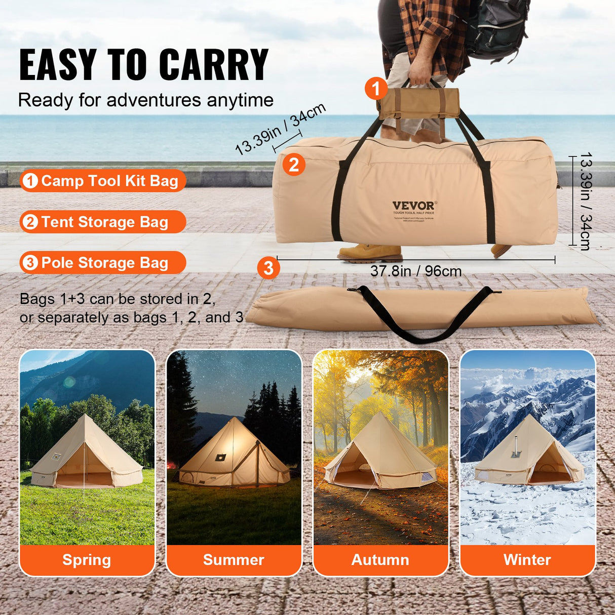 VEVOR Canvas Bell Tent 5m/16.4ft 4-Season Camping Yurt Tent with Stove Jack