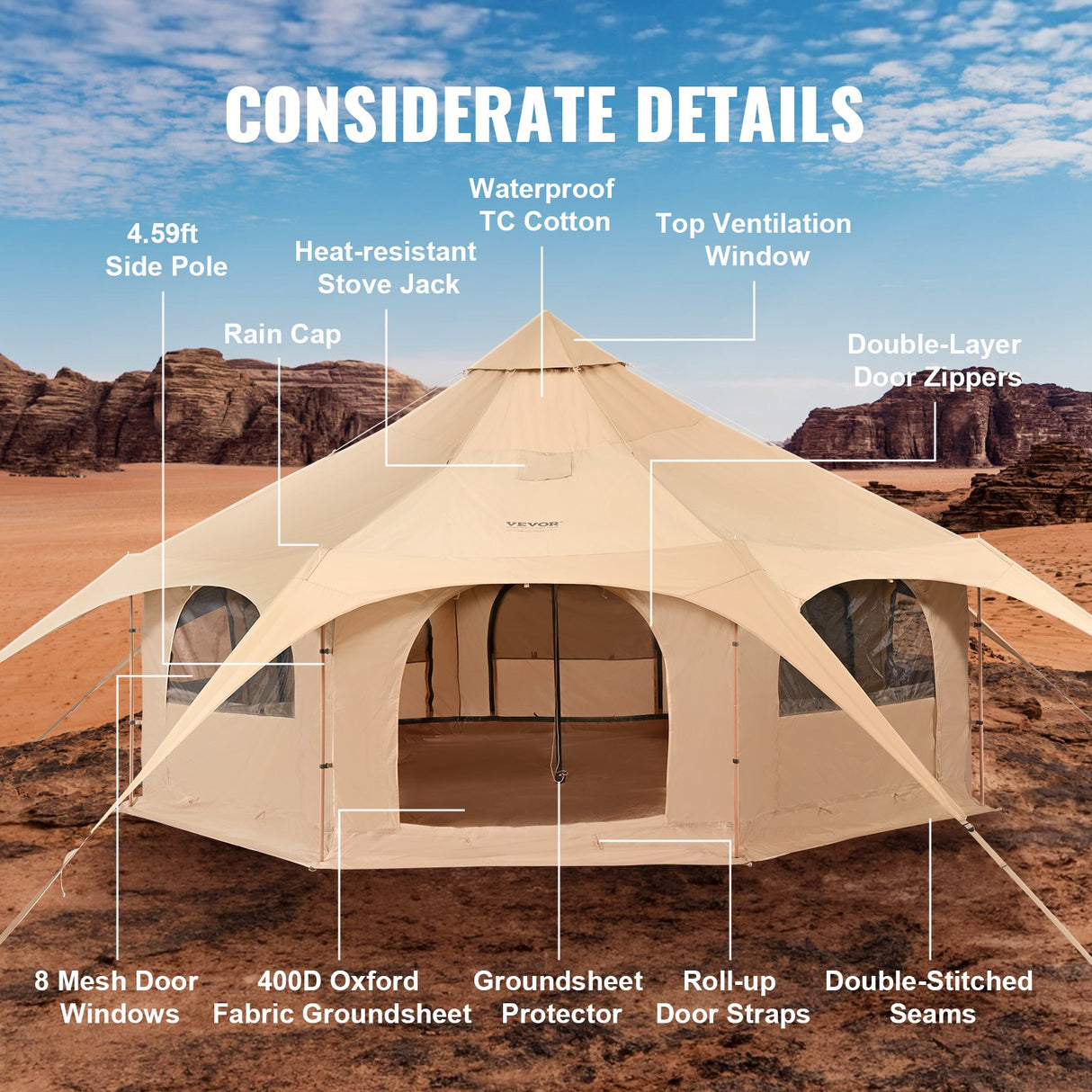 VEVOR Canvas Tent 4 Seasons 5 m/16.4 ft Bell Tent for Camping with Stove Jack