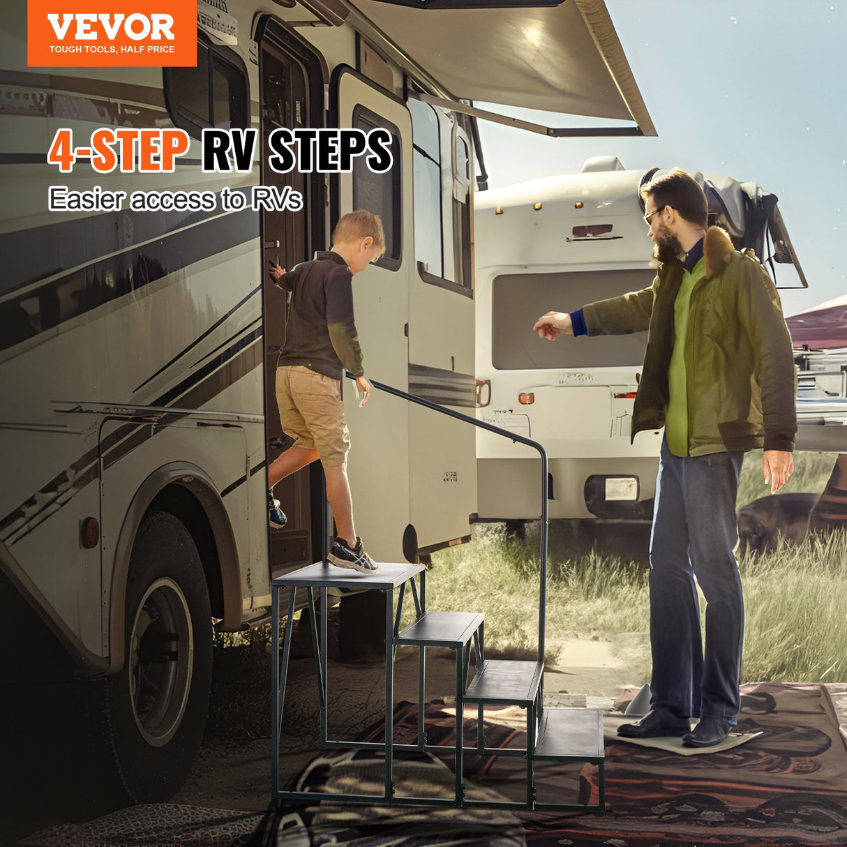 VEVOR RV Steps, 4-Step RV Stairs, 199.58KGS Load Capacity, Thickened Carbon Steel, With Handrail, Non-Slip Steps for Safe Entry and Exit, Suit for RV,