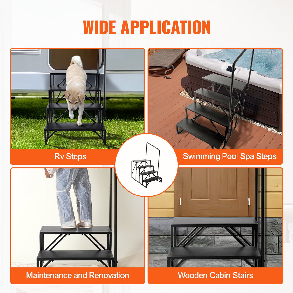 VEVOR RV Steps, 4-Step RV Stairs, 199.58KGS Load Capacity, Thickened Carbon Steel, With Handrail, Non-Slip Steps for Safe Entry and Exit, Suit for RV,