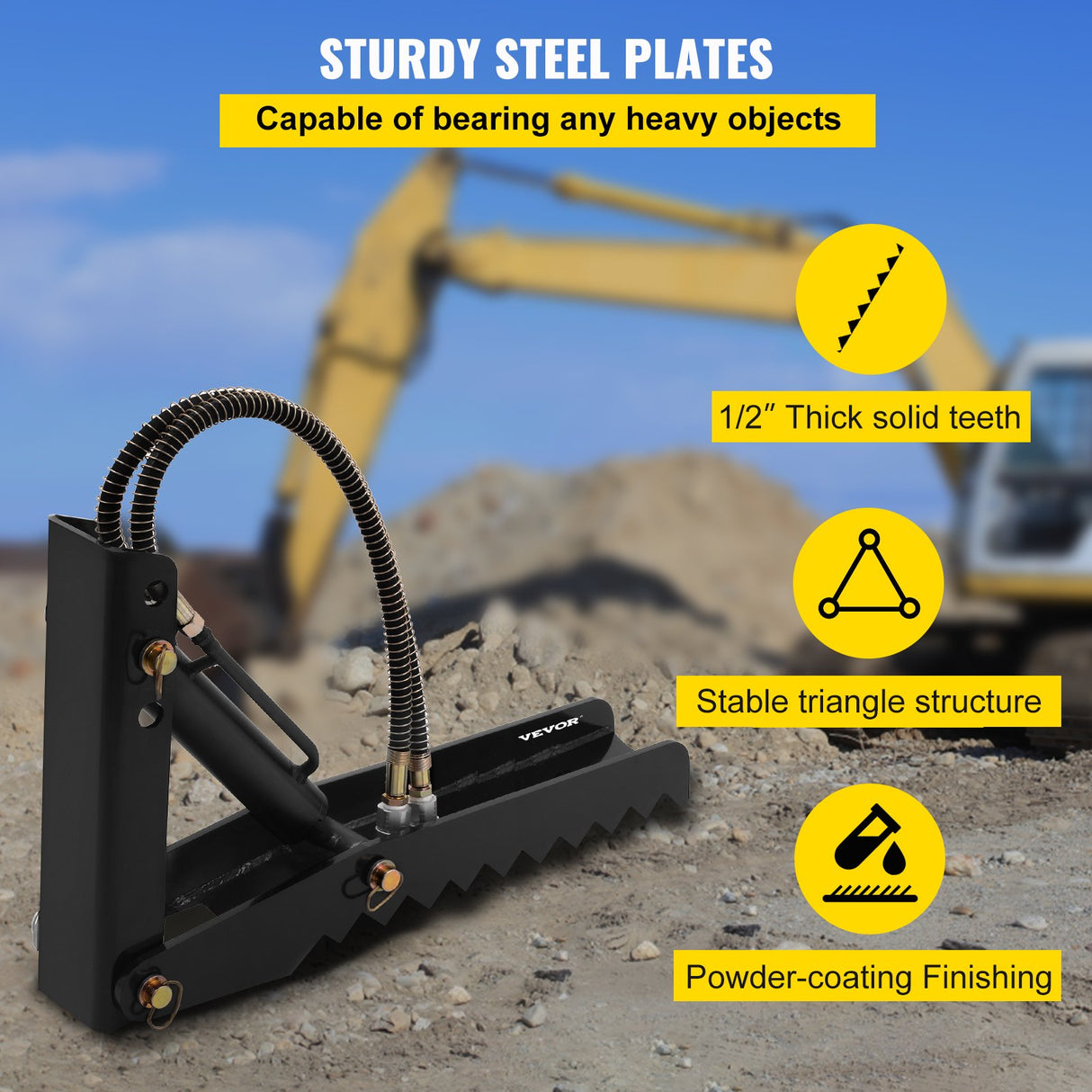 VEVOR 61cm Hydraulic Backhoe Excavator Thumb Attachments Weld On 1.27cm Teeth Thick Steel Plate Assembly 12MM Bolt-On Design with Hydraulic Cylinder