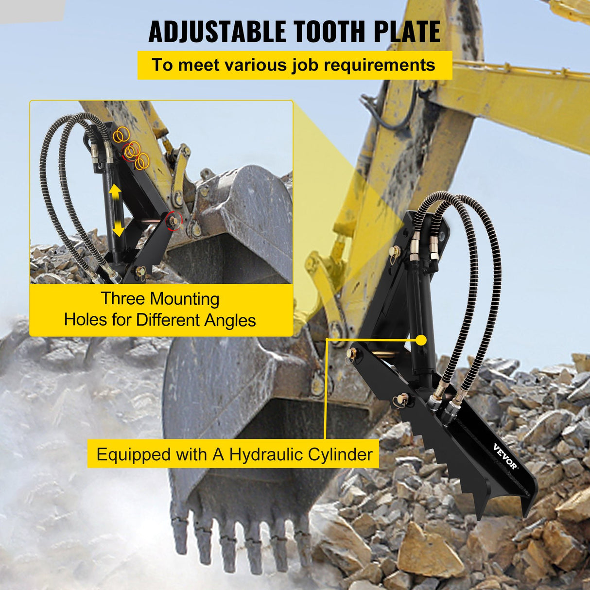 VEVOR 61cm Hydraulic Backhoe?Excavator Thumb?Attachments Weld On 1.27cm Teeth Thick Steel Plate Assembly 12MM Bolt-On Design with Hydraulic Cylinder