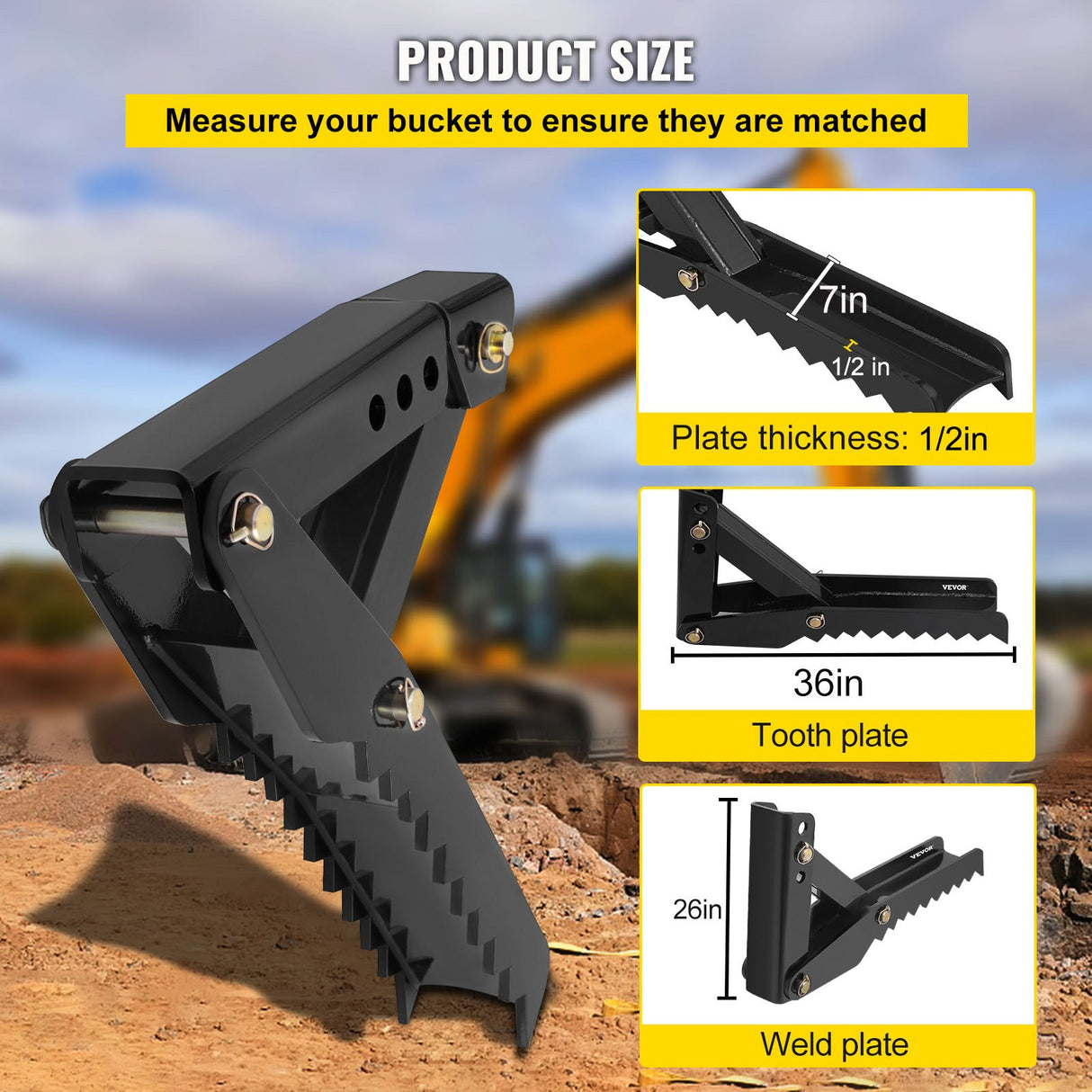 VEVOR Backhoe Excavator Thumb Attachments, 91.44 cm Adjustable Extreme Weld On Backhoe Thumb Hoe Clamp 1.27 cm Inch Teeth Thick Steel Plate 16MM