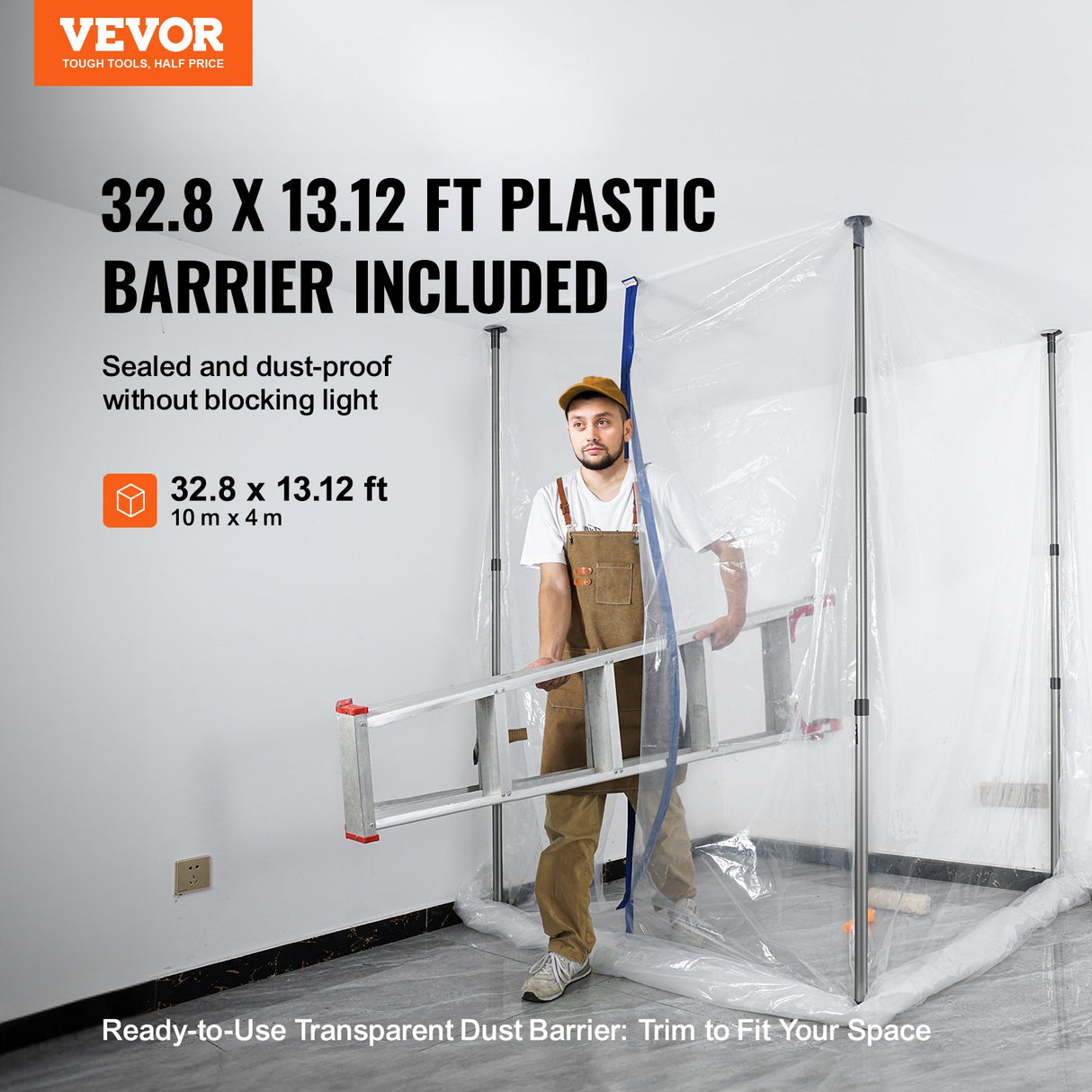 VEVOR Dust Barrier Poles, 12 Ft Barrier Poles, Dust Barrier System with 4 Telescoping Poles, Magnetic Zipper, Carry Bag and 32.8x13.12 Ft Plastic Film, for Interior Decoration, Painting
