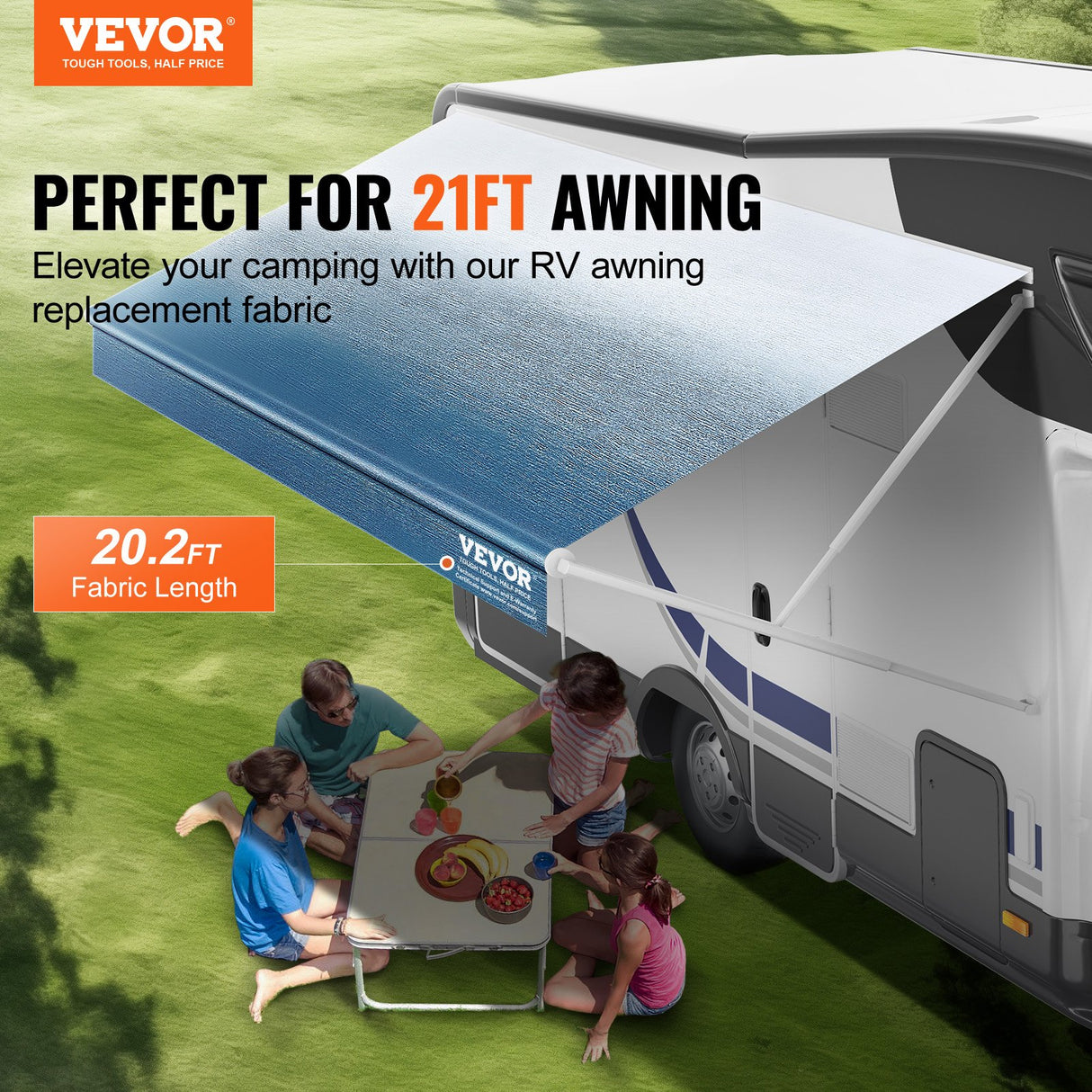 VEVOR RV Awning Fabric Replacement, 6.15m Fabric Length for 6.4m Awning, Heavy Duty 3-Ply 16oz PVC Camper Awning Fabric, Waterproof & UV Protection