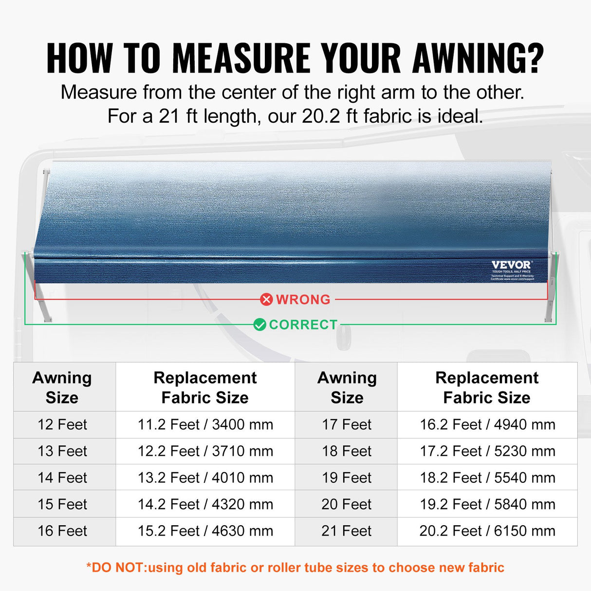 VEVOR RV Awning Fabric Replacement, 6.15m Fabric Length for 6.4m Awning, Heavy Duty 3-Ply 16oz PVC Camper Awning Fabric, Waterproof & UV Protection