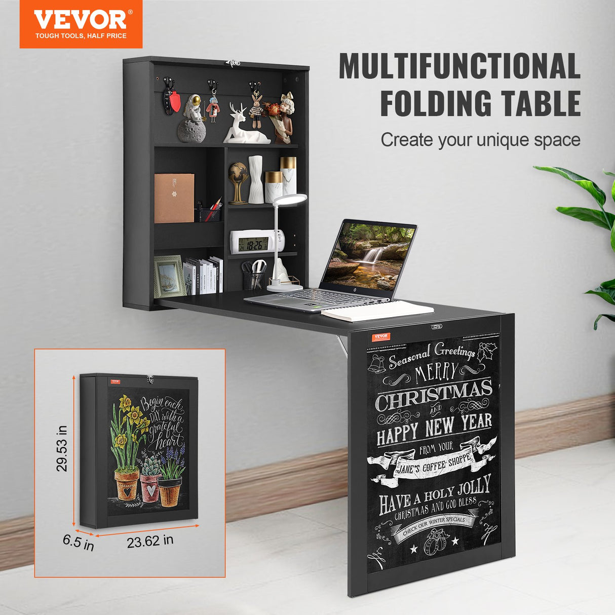 VEVOR Wall Mounted Desk, Fold out Convertible Desk, Multi-Function Folding Wall Table with Chalkboard for Home Office, Space Saving Computer Desk with