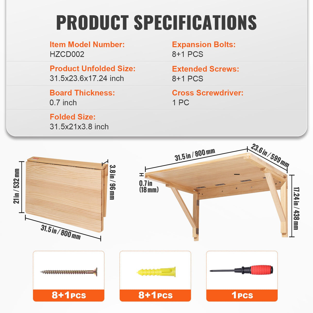 VEVOR Wall Mounted Folding Table, Wall Mounted Drop Leaf Tables, Solid Wood Floating Desk for Dining, Laundry Room, Office, 31.5" x 23.58" x 17.24"