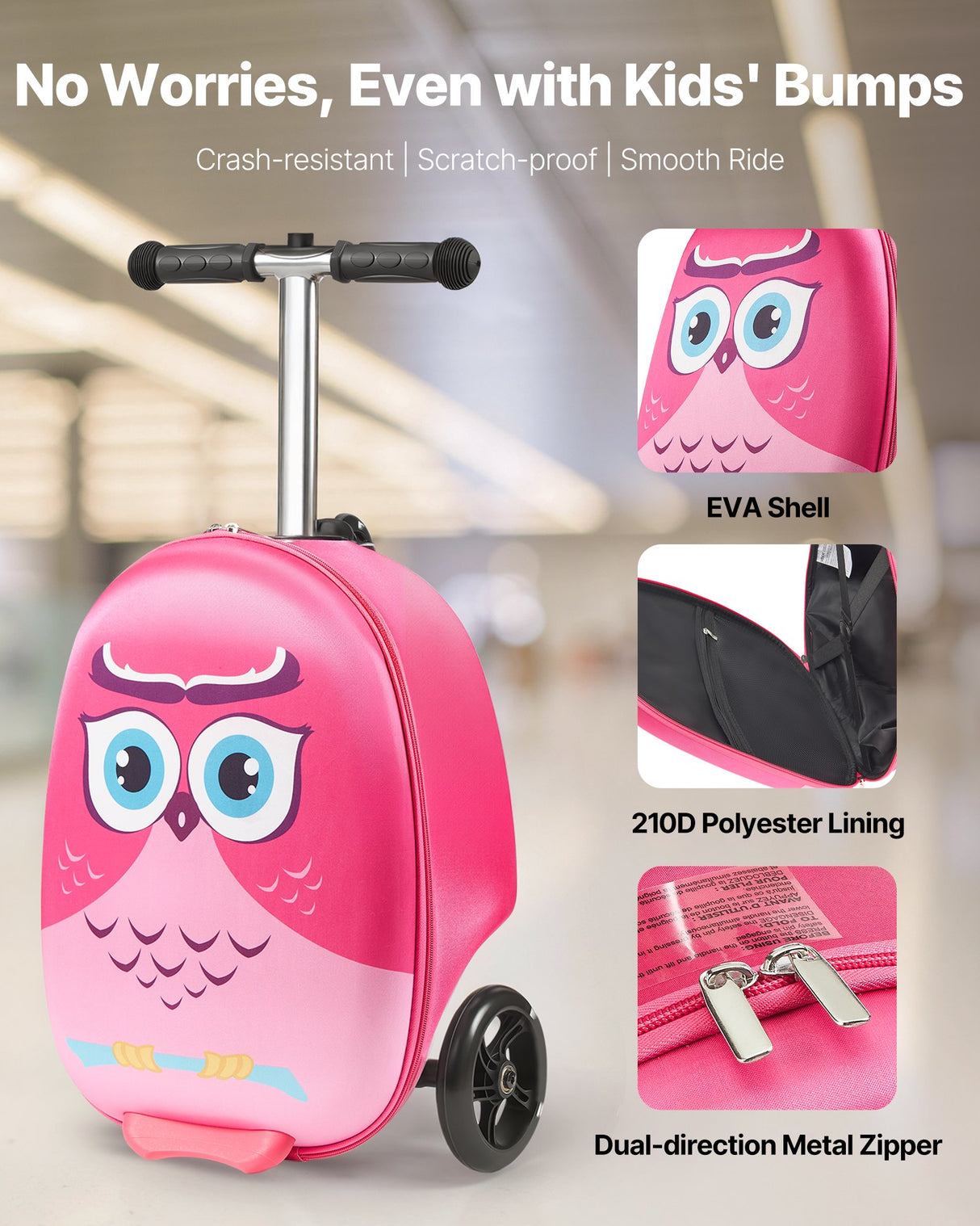 VEVOR Ride-on Luggage 20-inch Kids Scooter Suitcase with Flash Wheels Pink