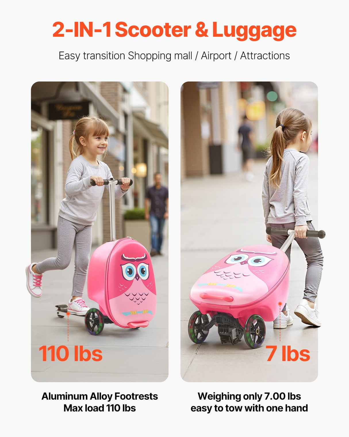VEVOR Ride-on Luggage 20-inch Kids Scooter Suitcase with Flash Wheels Pink