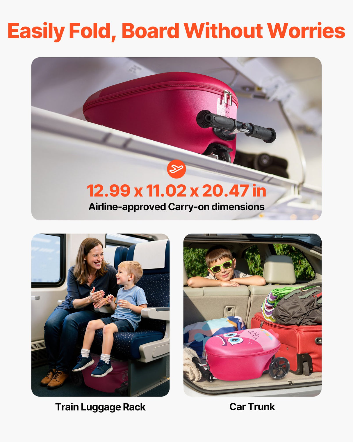 VEVOR Ride-on Luggage 20-inch Kids Scooter Suitcase with Flash Wheels Pink