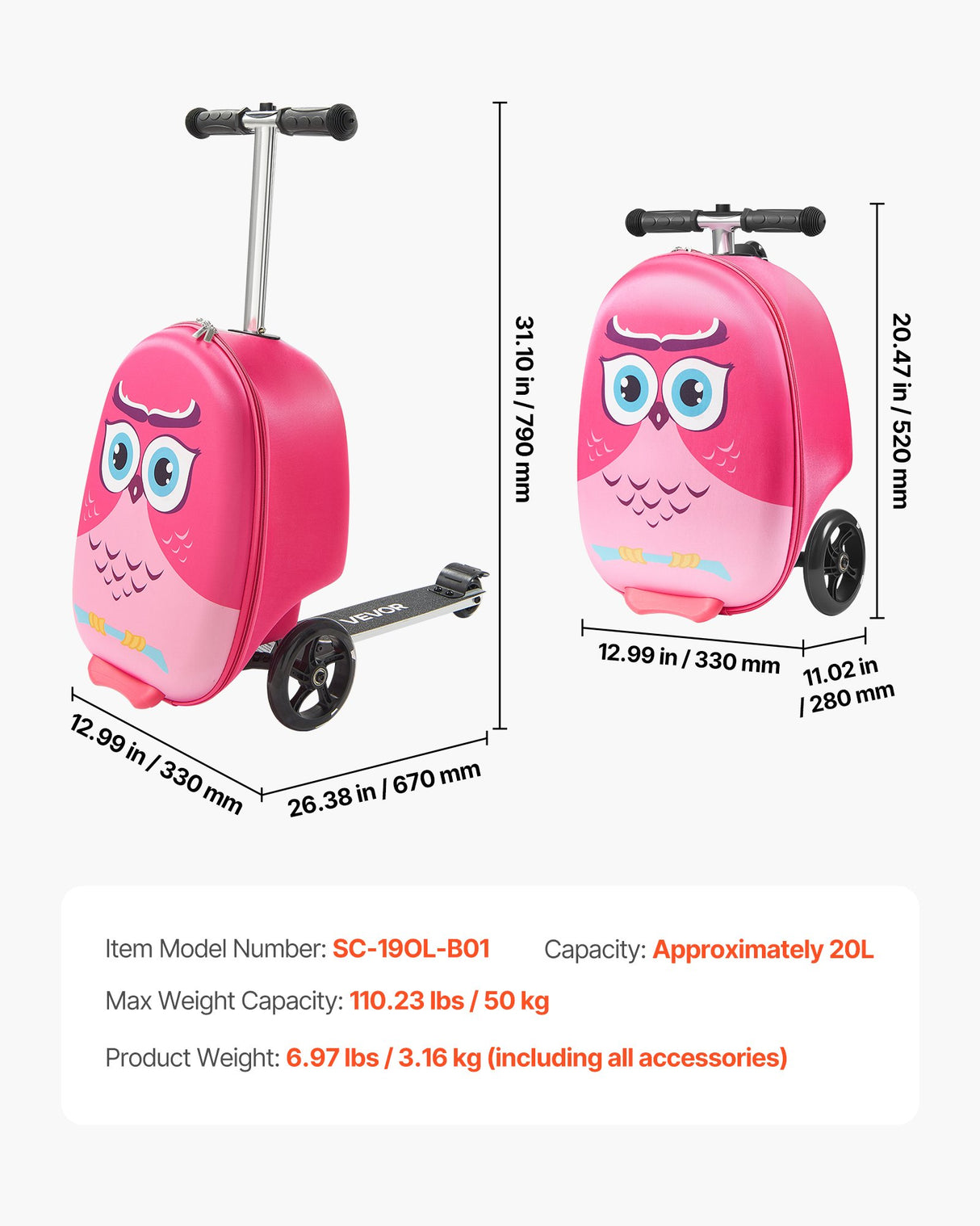 VEVOR Ride-on Luggage 20-inch Kids Scooter Suitcase with Flash Wheels Pink