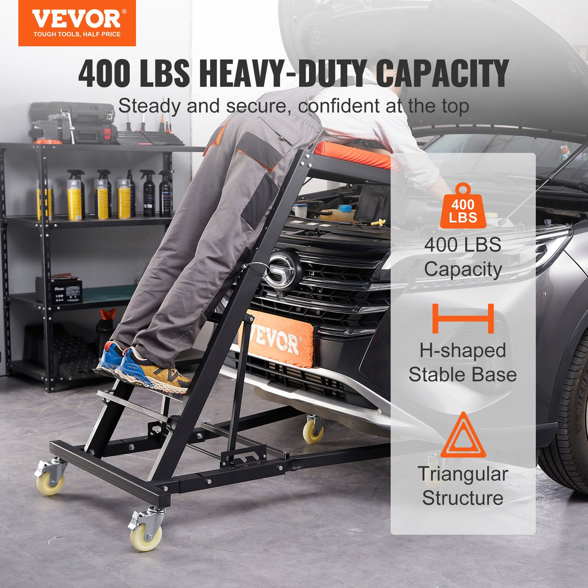 VEVOR Automotive Topside Creeper, with Adjustable Height 48" to 76", 181.44KGS Capacity High Creeper, 4 Swivel Caster Wheels, Heavy Duty Foldable