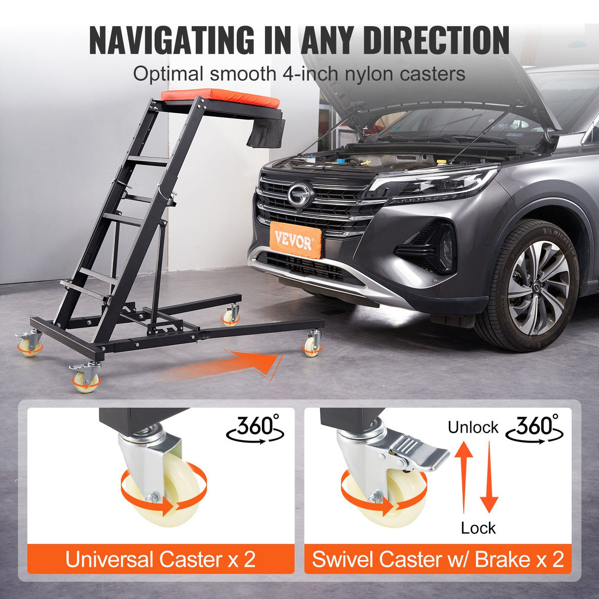 VEVOR Automotive Topside Creeper, with Adjustable Height 48" to 76", 181.44KGS Capacity High Creeper, 4 Swivel Caster Wheels, Heavy Duty Foldable