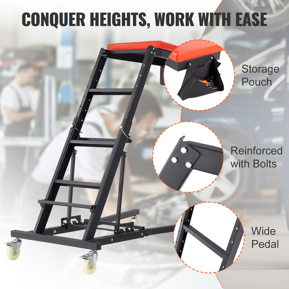 VEVOR Automotive Topside Creeper, with Adjustable Height 48" to 76", 181.44KGS Capacity High Creeper, 4 Swivel Caster Wheels, Heavy Duty Foldable