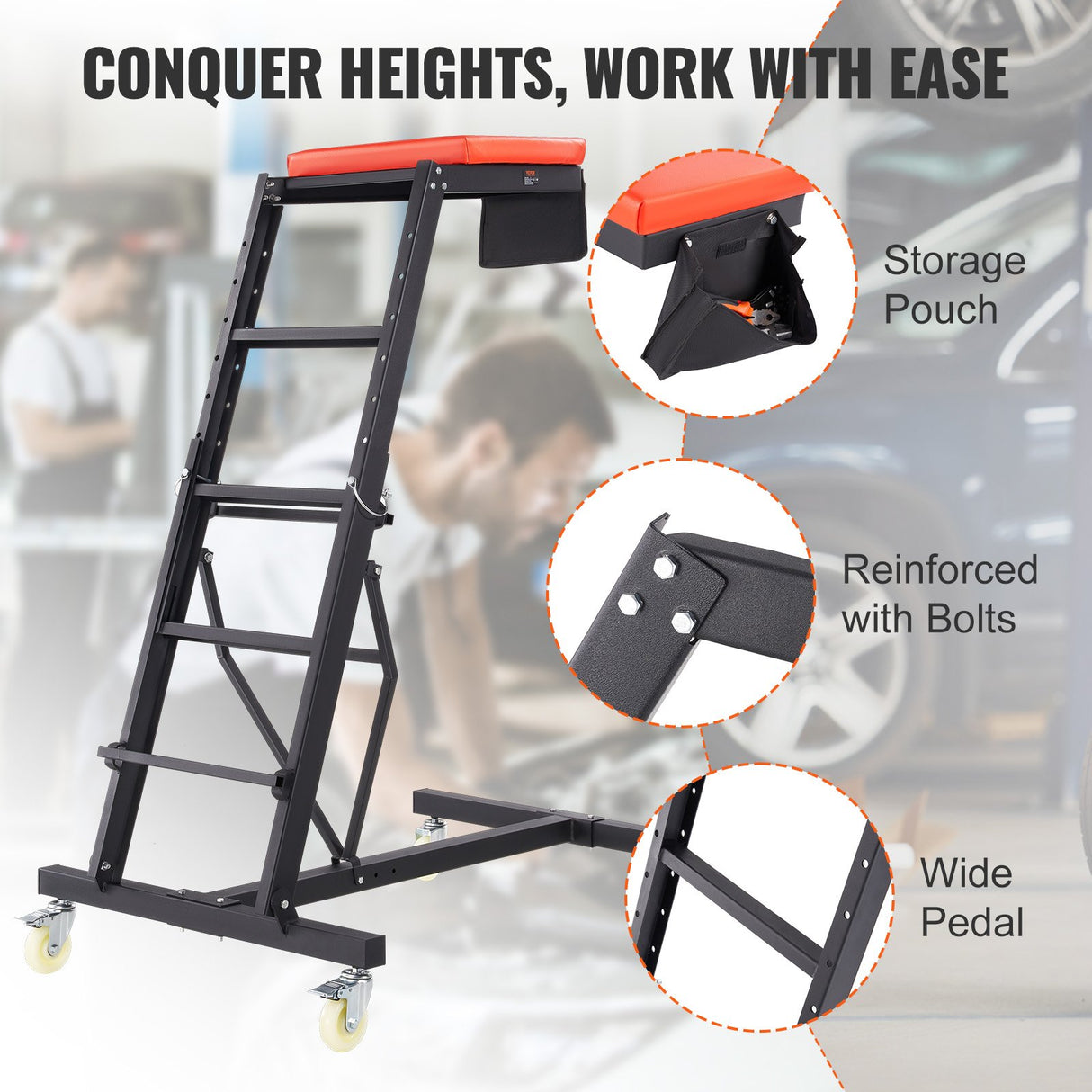 VEVOR Automotive Topside Creeper, with Adjustable Height 49.6" to 75.6", 181.44KGS Capacity High Creeper, 4 Swivel Caster Wheels, Heavy Duty Foldable