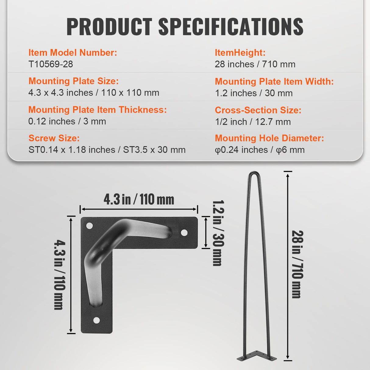 VEVOR 711.2MM Hairpin Furniture Legs, Metal Home DIY Projects for Nightstand, Coffee Table, Desk, 226.8KG Load Capacity with Rubber Floor Protectors,