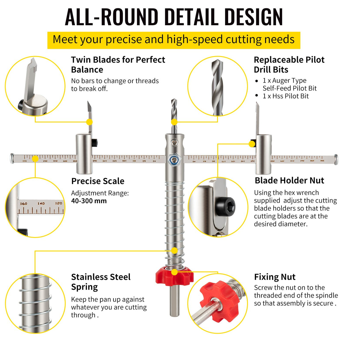 VEVOR Adjustable Hole Saw Cutter Kit, 1-5/8" to 11-13 /16" (40-300 mm), Recessed Hole Saw with PC Dust Shield, Two Replaceable Pilot Drill Bits, for