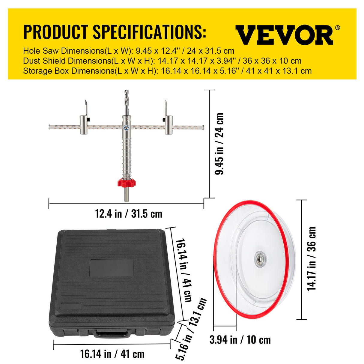 VEVOR Adjustable Hole Saw Cutter Kit, 1-5/8" to 11-13 /16" (40-300 mm), Recessed Hole Saw with PC Dust Shield, Two Replaceable Pilot Drill Bits, for