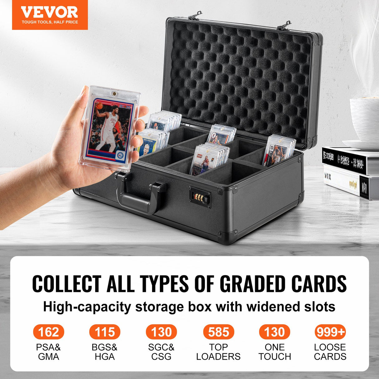 VEVOR Graded Card Storage Box, 5 Slots, Graded Sports Cards Holder Carrying Case with Coded Lock Foam Dividers, for 162 PSA Graded Cards 115 BGS Cards