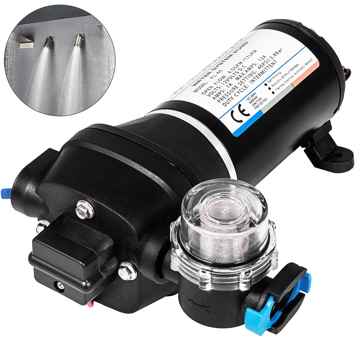 VEVOR Water Pressure Diaphragm Pump, 12V FL-40 High Pressure Diaphragm Water Pump, 40PSI Automatic Self Priming Water Pump, 17L/MIN Misting Booster