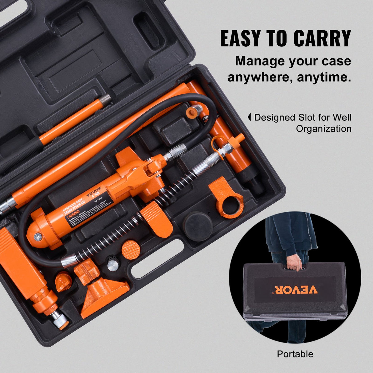 VEVOR 4 Ton Porta Power Kit, Portable Hydraulic Jack with 3.9 ft/1.2 m Oil Hose, Auto Body Frame Repair Kit with Storage Case for Car Repair, Truck,