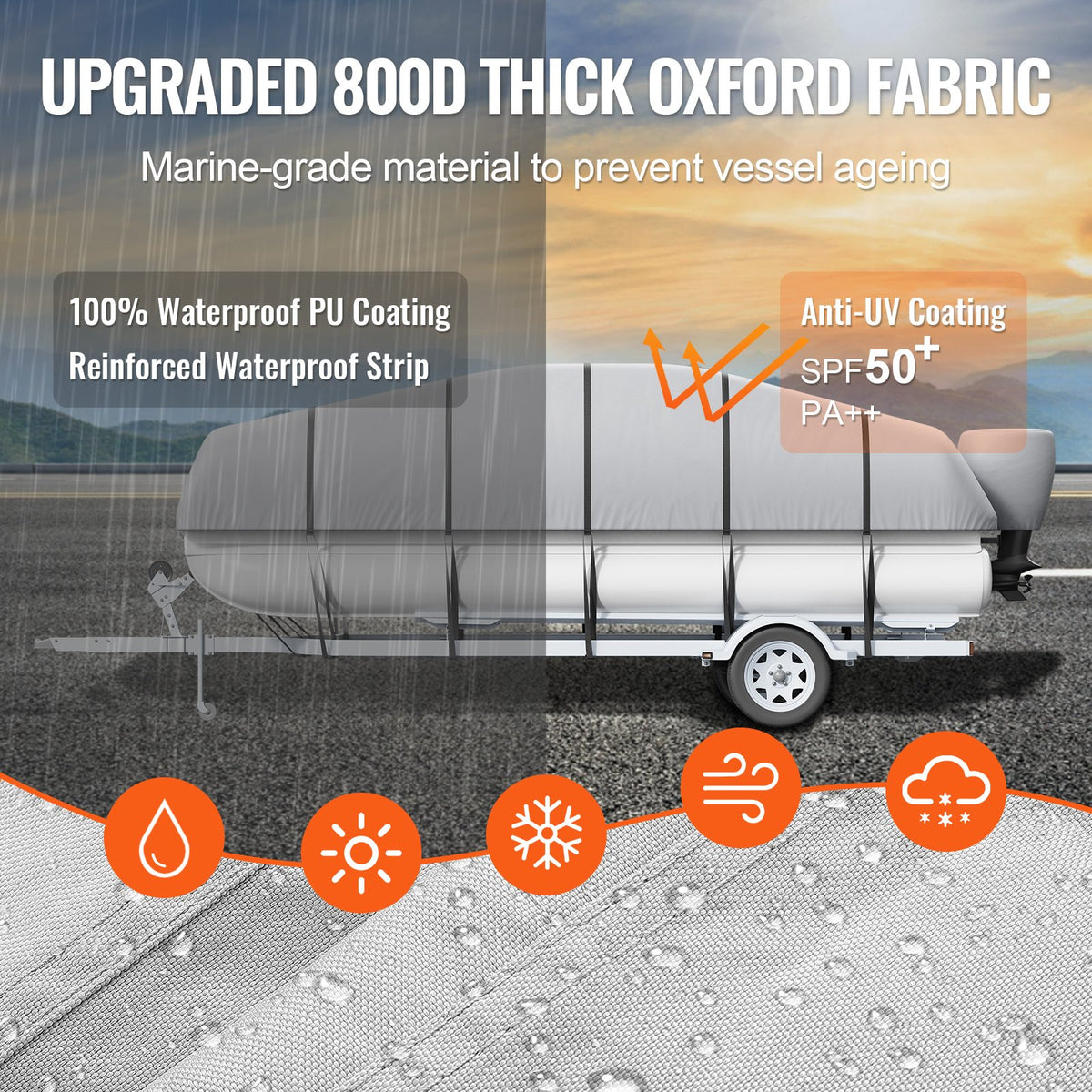 Pontoon Boat Cover 800D Waterproof Trailerable 23-24 ft with Storage Bag
