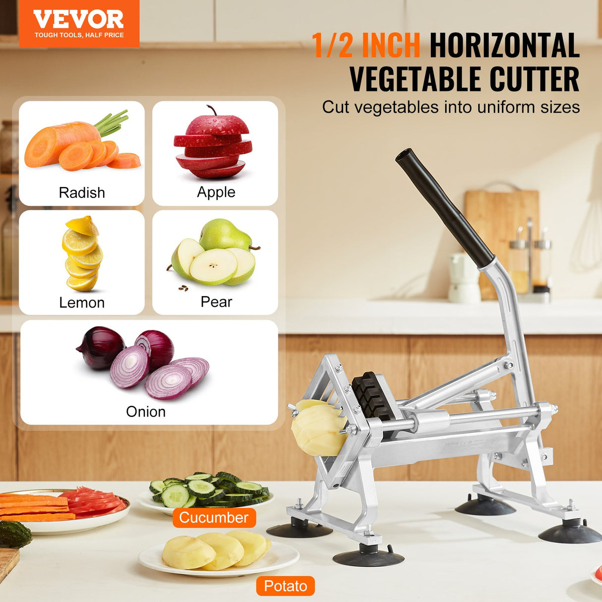 VEVOR Commercial Vegetable Slicer, 1/2 inch Fruit Slicer, Stainless Steel and Aluminum Alloy Vegetab
