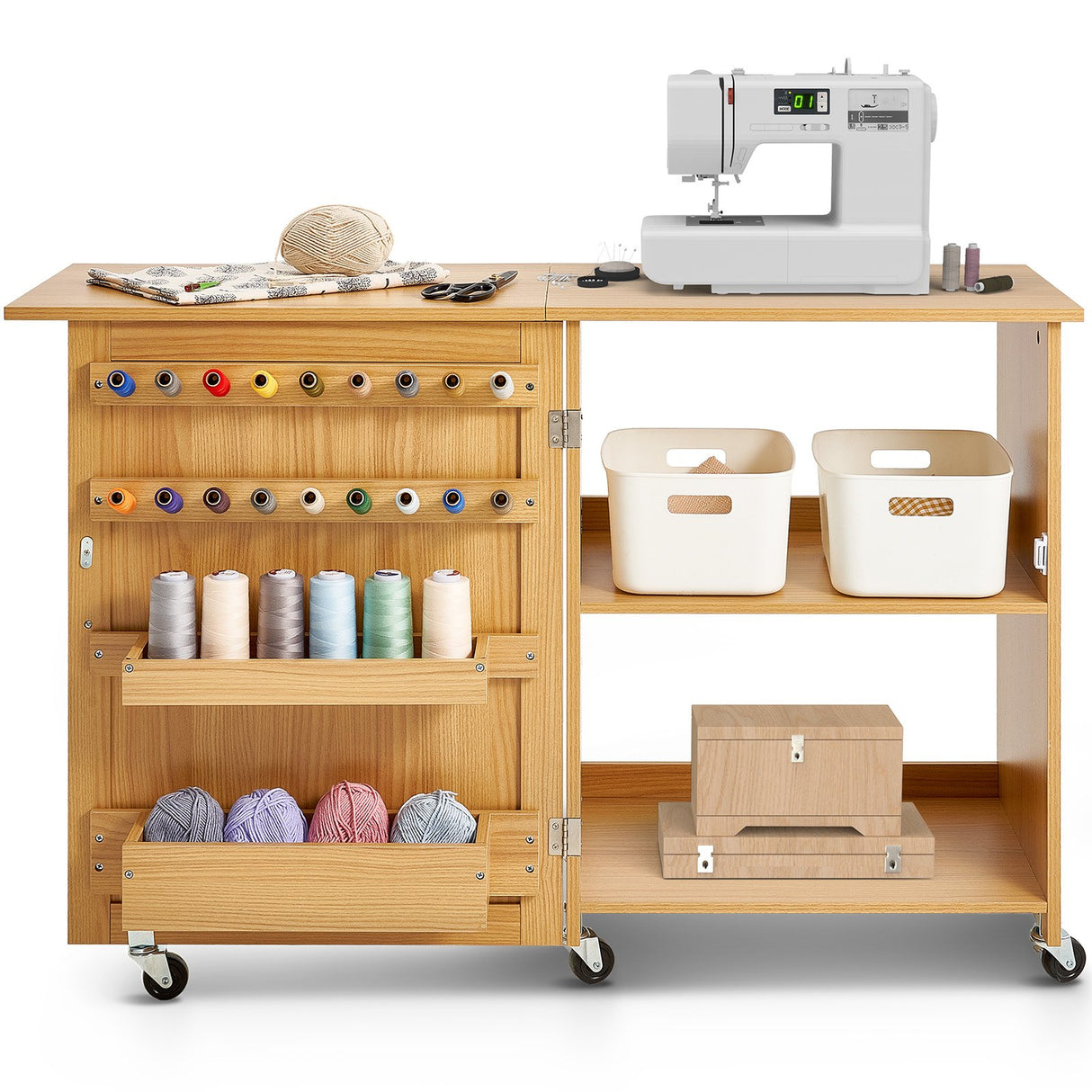 VEVOR Folding Sewing Table with Lockable Wheels Shelves Trays Door Wood Color