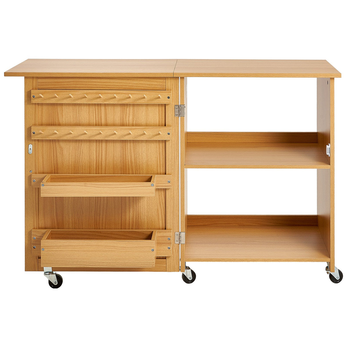 VEVOR Folding Sewing Table with Lockable Wheels Shelves Trays Door Wood Color