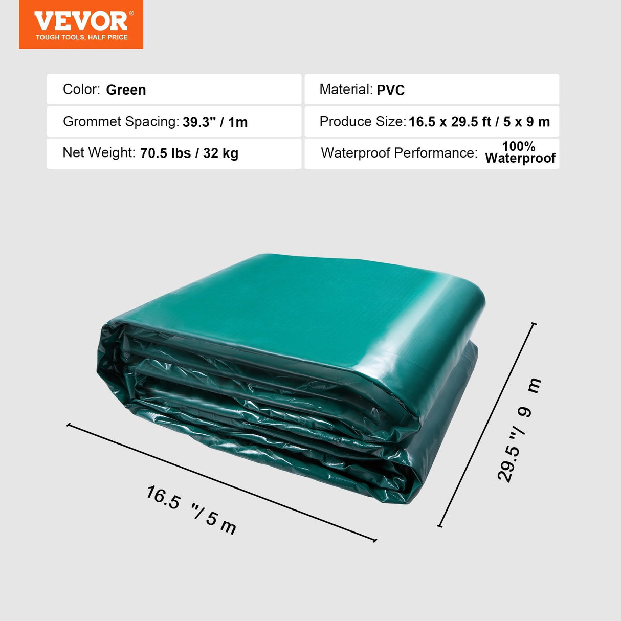 VEVOR PVC Waterproof Tarp, 16.5 x 29.5 ft Heavy Duty PVC Tarpaulin, Tear-Proof and Weather-Proof, with Grommets and Reinforced Edges for Canopy Boat RV Tent Shelter Trailer Truck Cover, Green